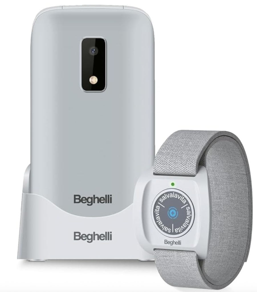 Beghelli Salvalavita — telefono con dock e bracciale SOS per anziani