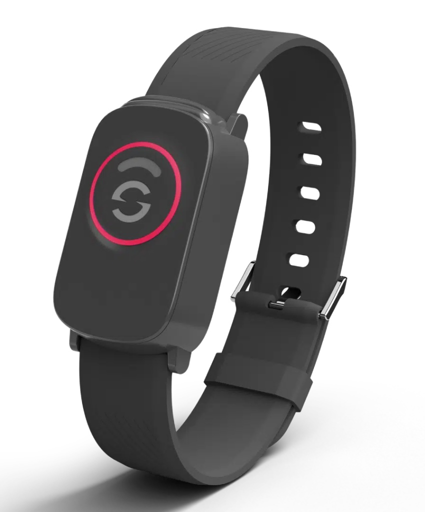 Seremy Watch — bracciale SOS per anziani con pulsante centrale rosso e cinturino grigio